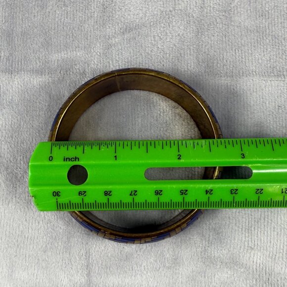 Vintage Brass & Blue Material Woven Design Bangle Bracelet Women Jewelry Classic - Picture 7 of 16